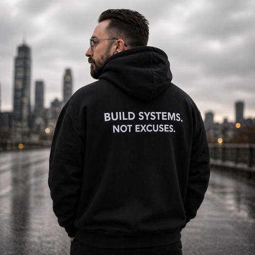 KODEON BUILD SYSTEMS NOT EXCUSES Hoodie Model mit Stadt-Hintergrund