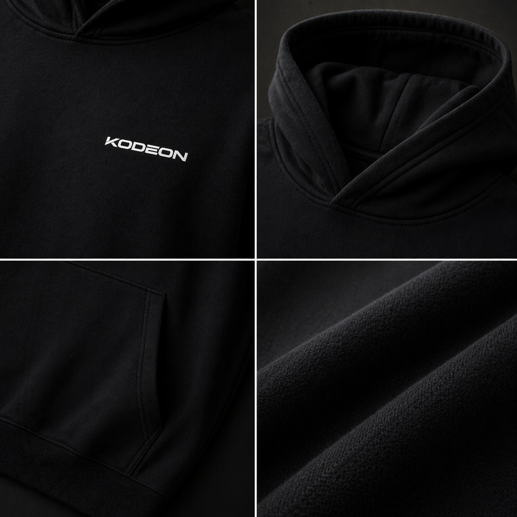 KODEON Hoodie Detailaufnahmen Stoff Kapuze und Print