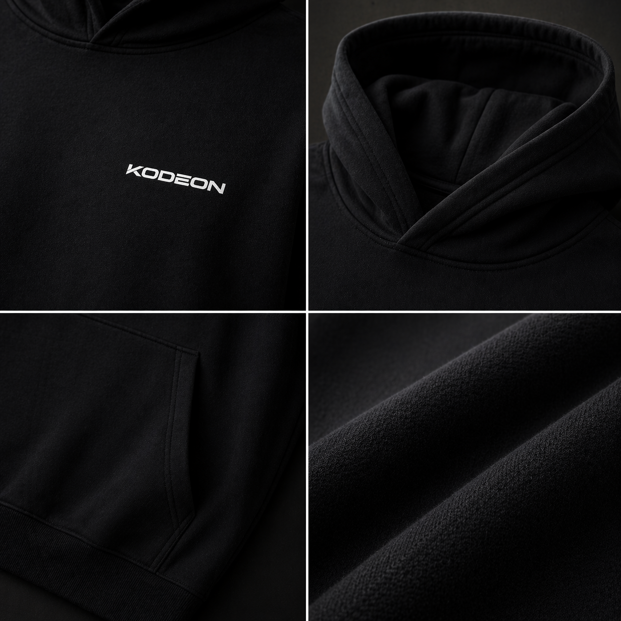 KODEON Hoodie Detailaufnahmen Stoff Kapuze und Print